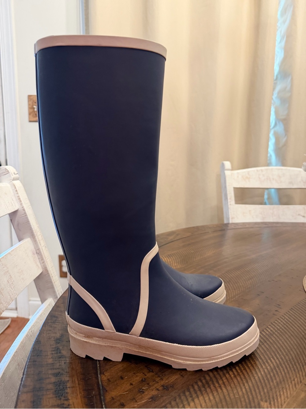 J.CREW Women's Knee High Pull On Rain Boots Rubber Round Toe Blue/Beige 7